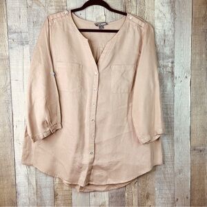 Go Silk Woman Linen Tan 1X V-Neck Button Front Tabbed Sleeves Front Pocket Shirt